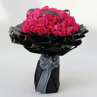 Dark Pink Elegance, 50 Roses, Green Snake Grass, Beautifully Wrapped, Ribbon